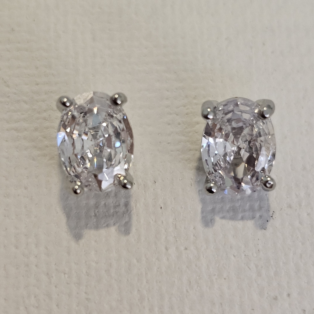 White Oval CZ silver plated stud earrings